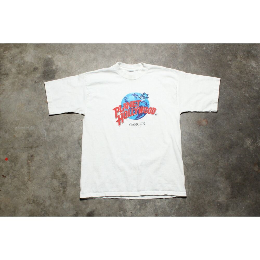 Vintage 90's Distressed Planet Hollywood Cancun White T-Shirt - Medium